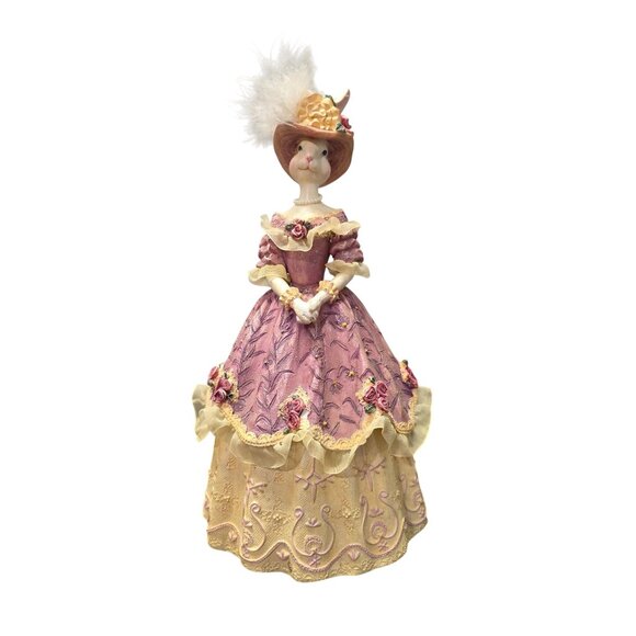 Vintage Victorian-Style Bunny Figurine In Pink Dress With Hat & Feathers - Picture 1 of 10